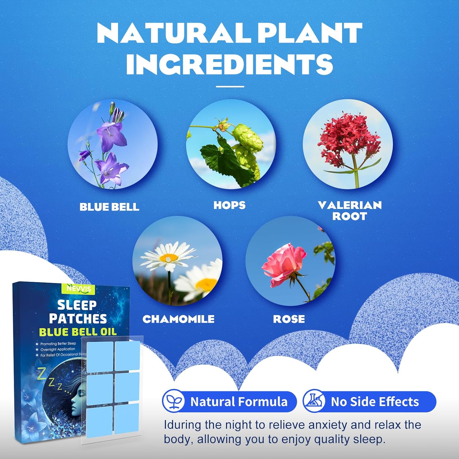 60 Blue Bell Sleep Patches for Adults - Natural Plant Ingredients, Skin-Friendly and Long-Lasting Sleep Aid