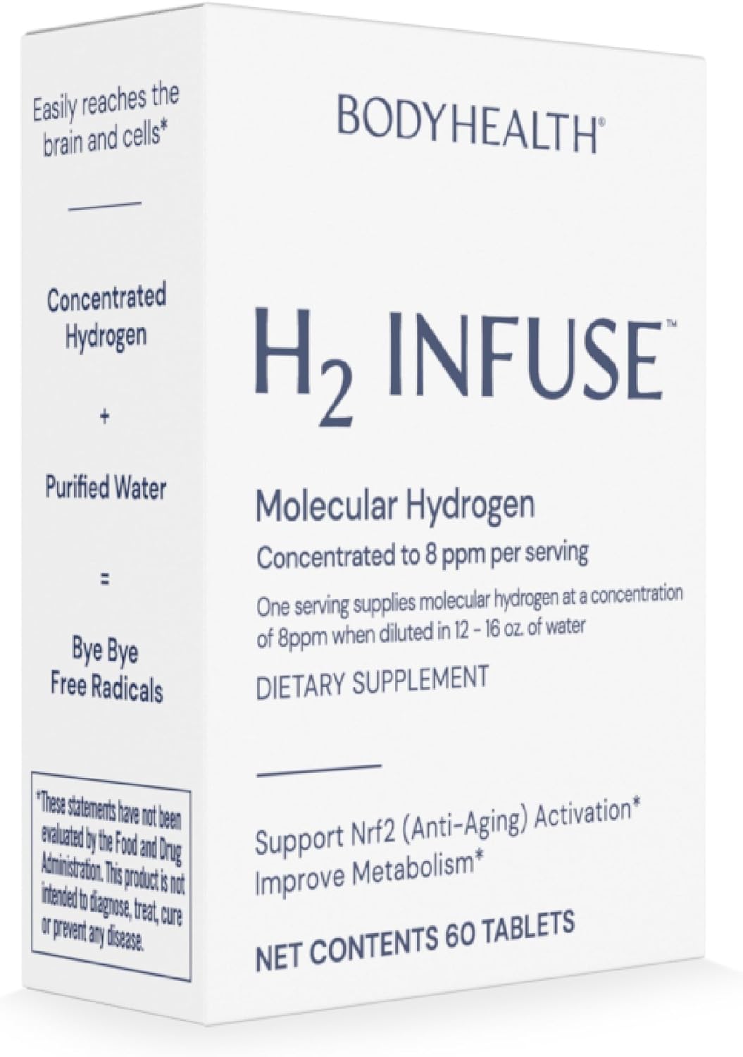 60 BodyHealth H2 Infuse Molecular Hydrogen Tablets with Elemental Magnesium for Metabolism Support in Water