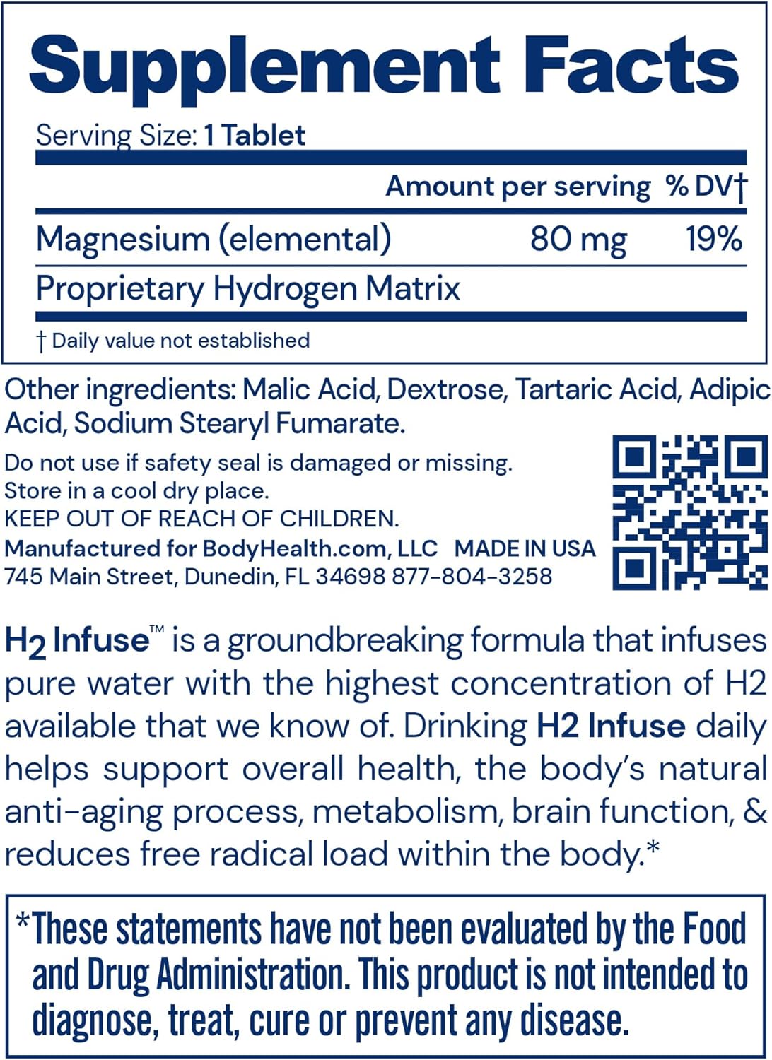 60 BodyHealth H2 Infuse Molecular Hydrogen Tablets with Elemental Magnesium for Metabolism Support in Water
