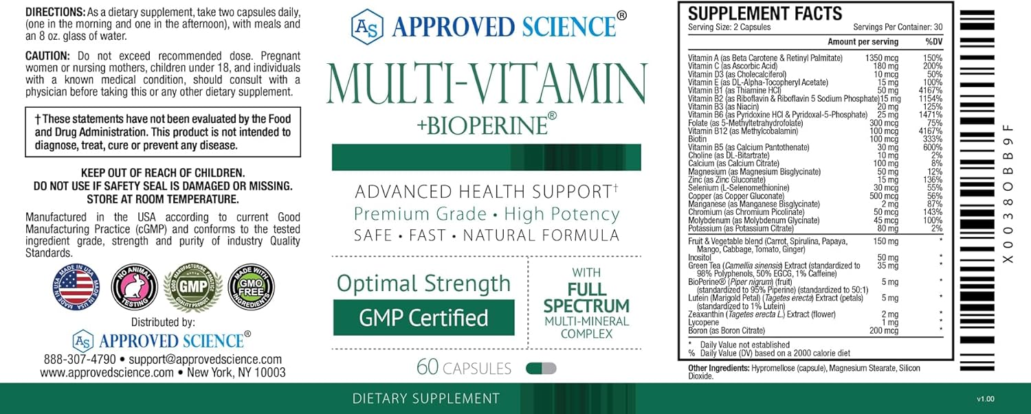60 Capsules Approved Science Multi-Vitamin with Full-Spectrum B-Vitamins, Green Tea, Lutein, Lycopene, Zeaxanthin, BioPerine - 6 Month Supply