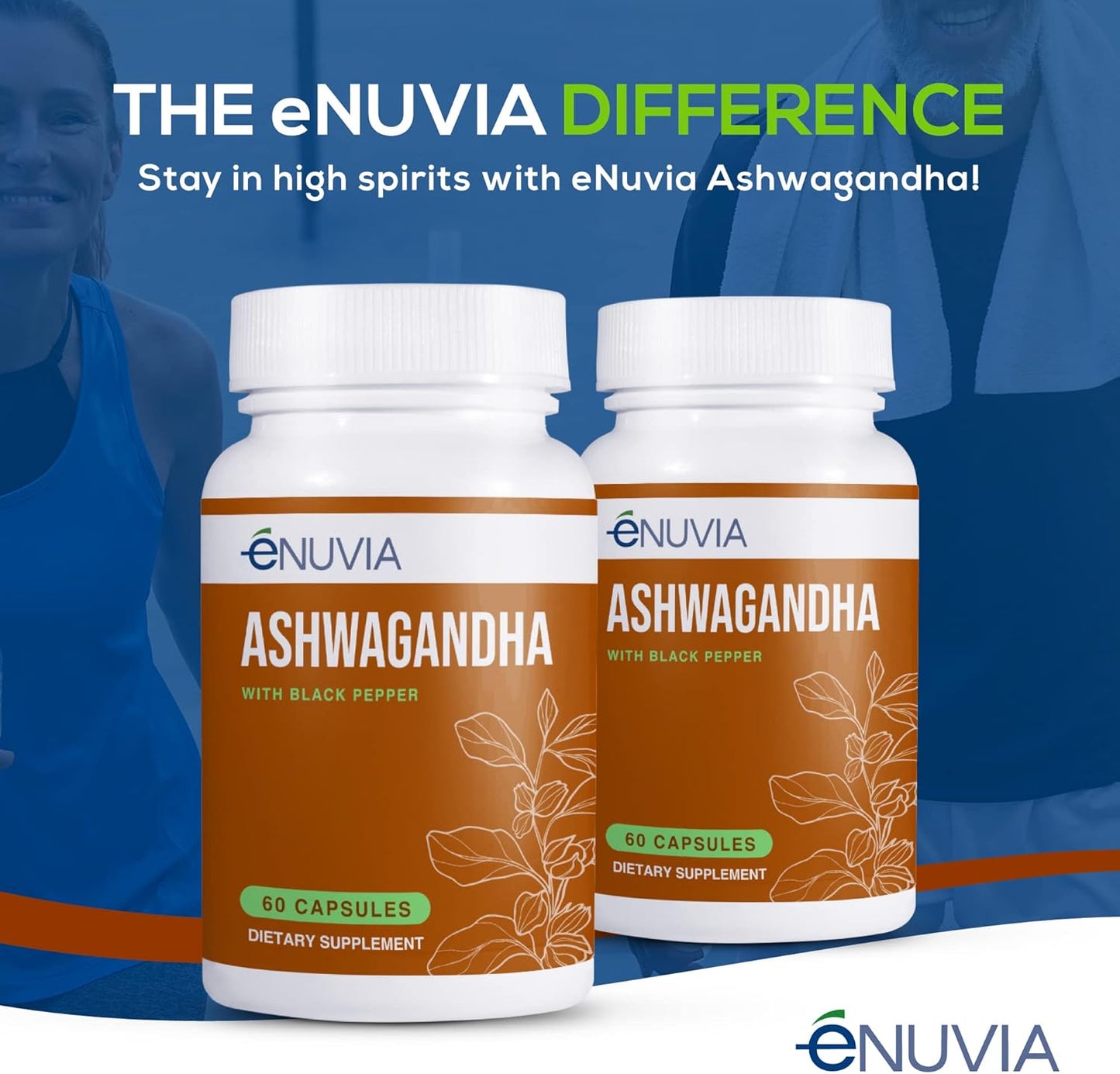60 Capsules eNUVIA Ashwagandha Supplement with Black Pepper Extract for Enhanced Absorption - Natural Relief and Stamina Support, Vegan Formula Made in the USA