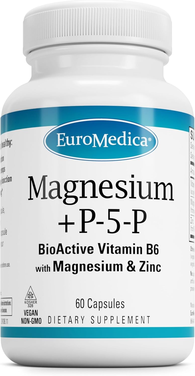 60 Capsules Euromedica Magnesium + P-5-P - Bio-Active Vitamin B6, Zinc - Heart Health, Energy, Metabolism, Mood - Non-GMO, Vegan, Kosher