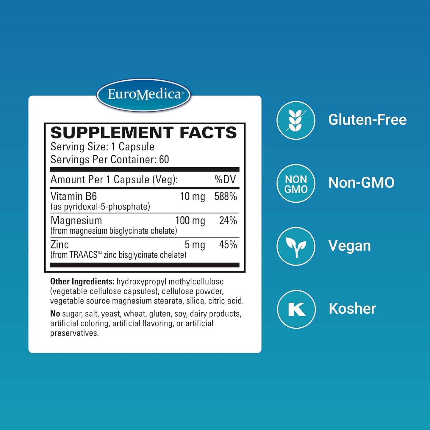 60 Capsules Euromedica Magnesium + P-5-P - Bio-Active Vitamin B6, Zinc - Heart Health, Energy, Metabolism, Mood - Non-GMO, Vegan, Kosher