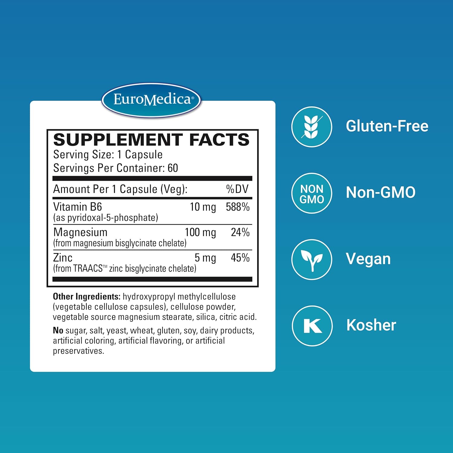 60 Capsules Euromedica Magnesium + P-5-P - Bio-Active Vitamin B6, Zinc - Heart Health, Energy, Metabolism, Mood - Non-GMO, Vegan, Kosher