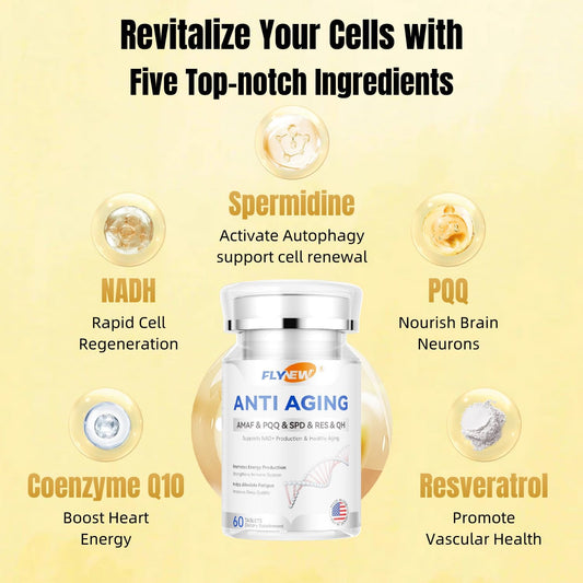 60 Capsules Flynew Anti-Aging Supplement for Healthy Hair, Skin, Nails, and Cellular Health - Resveratrol, NADH, PQQ, Spermidine, Ubiquinol - GMP Certified, Made in USA