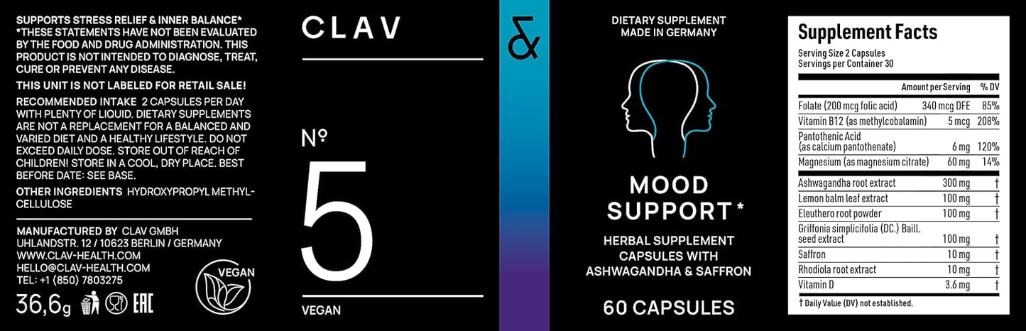 60 Capsules Mood Support Supplement with Ashwagandha, Saffron Extract, 5-HTP Griffonia, Siberian Ginseng, and Rhodiola rosea
