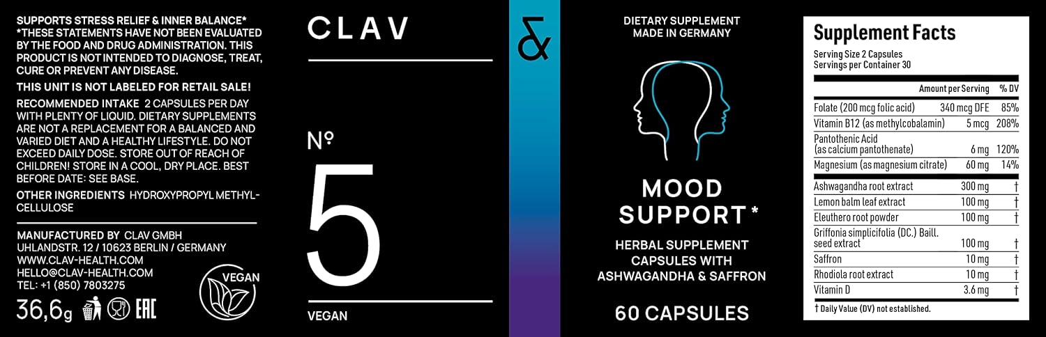 60 Capsules Mood Support Supplement with Ashwagandha, Saffron Extract, 5-HTP Griffonia, Siberian Ginseng, and Rhodiola rosea