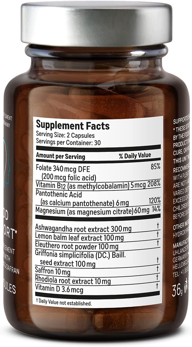 60 Capsules Mood Support Supplement with Ashwagandha, Saffron Extract, 5-HTP Griffonia, Siberian Ginseng, and Rhodiola rosea