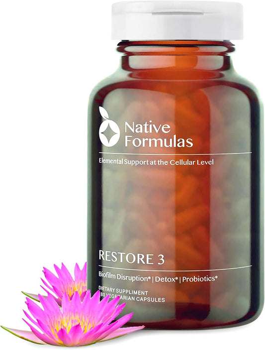 60 Capsules Native Formulas Restore 3 Enzyme & Probiotic Supplement - Biofilm Disruption Aid for GI Health, Fibromyalgia, Gut Flora