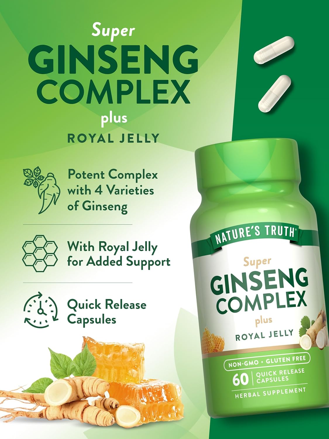 60 Capsules Nature's Truth Super Ginseng Complex with Royal Jelly | Non-GMO & Gluten Free Supplement