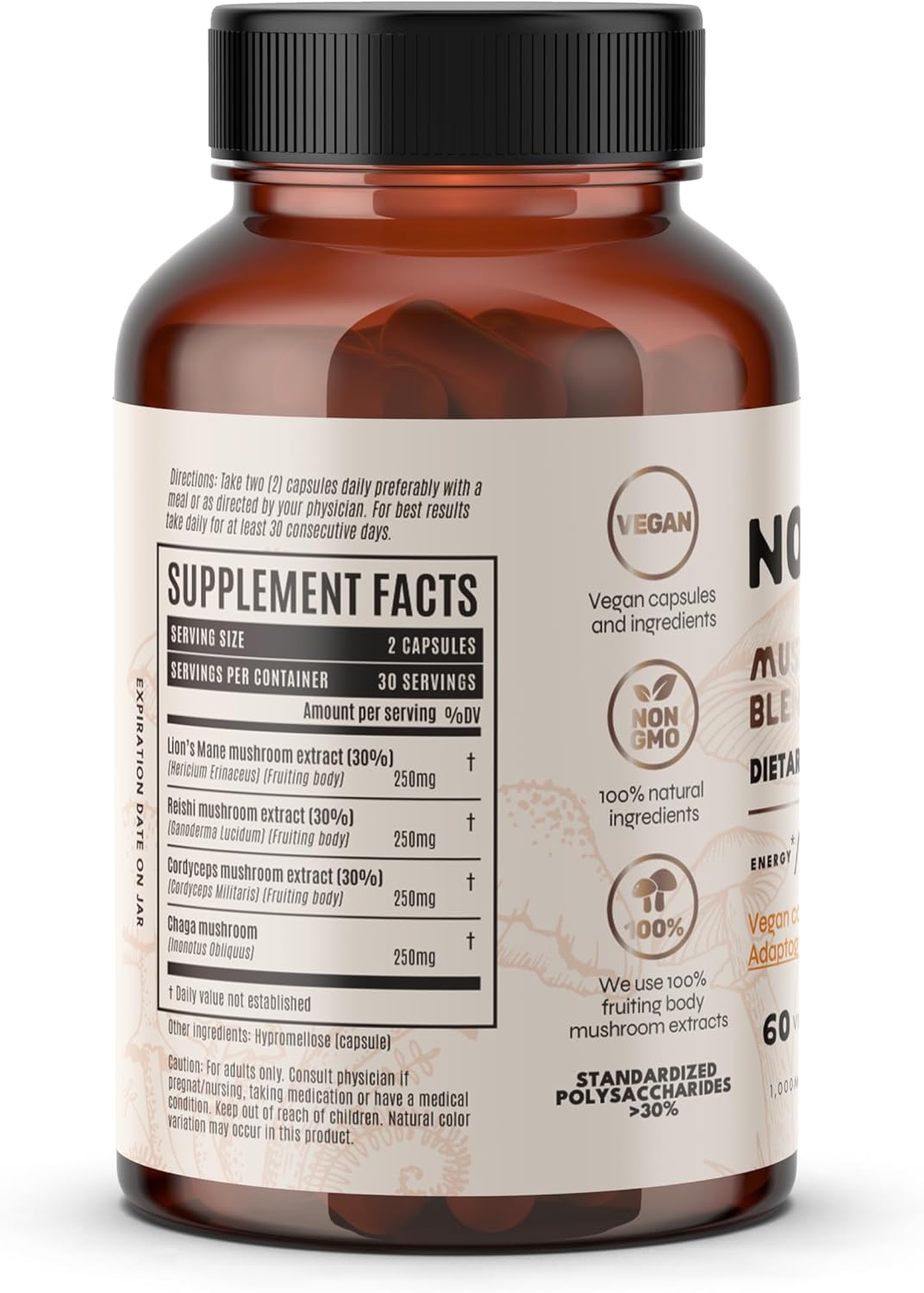 60 Capsules Nomuk Adaptogenic Mushroom Extract Blend with Lions Mane, Reishi, Cordyceps, and Chaga Supplement - BoostGo Australia