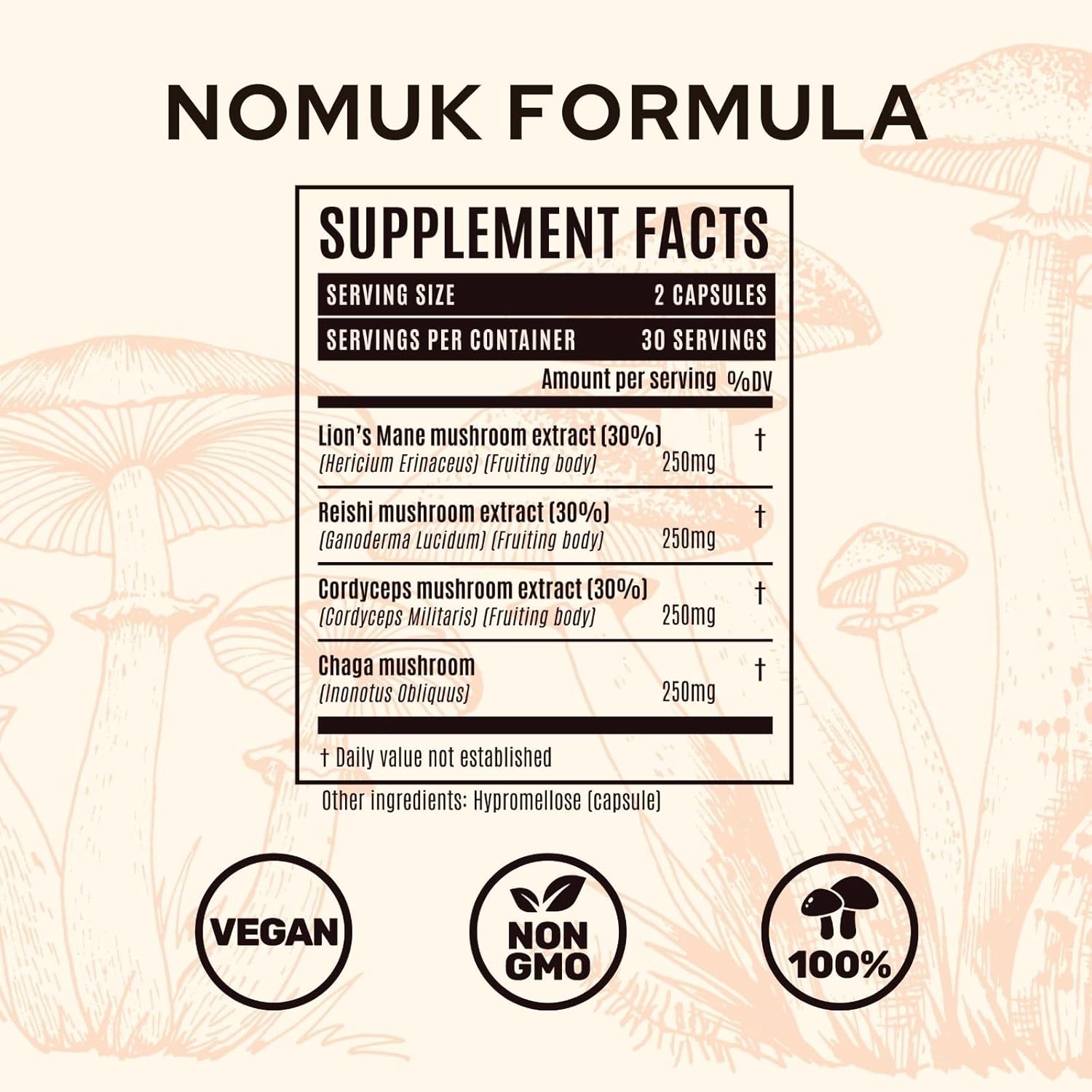 60 Capsules Nomuk Adaptogenic Mushroom Extract Blend with Lions Mane, Reishi, Cordyceps, and Chaga Supplement - BoostGo Australia