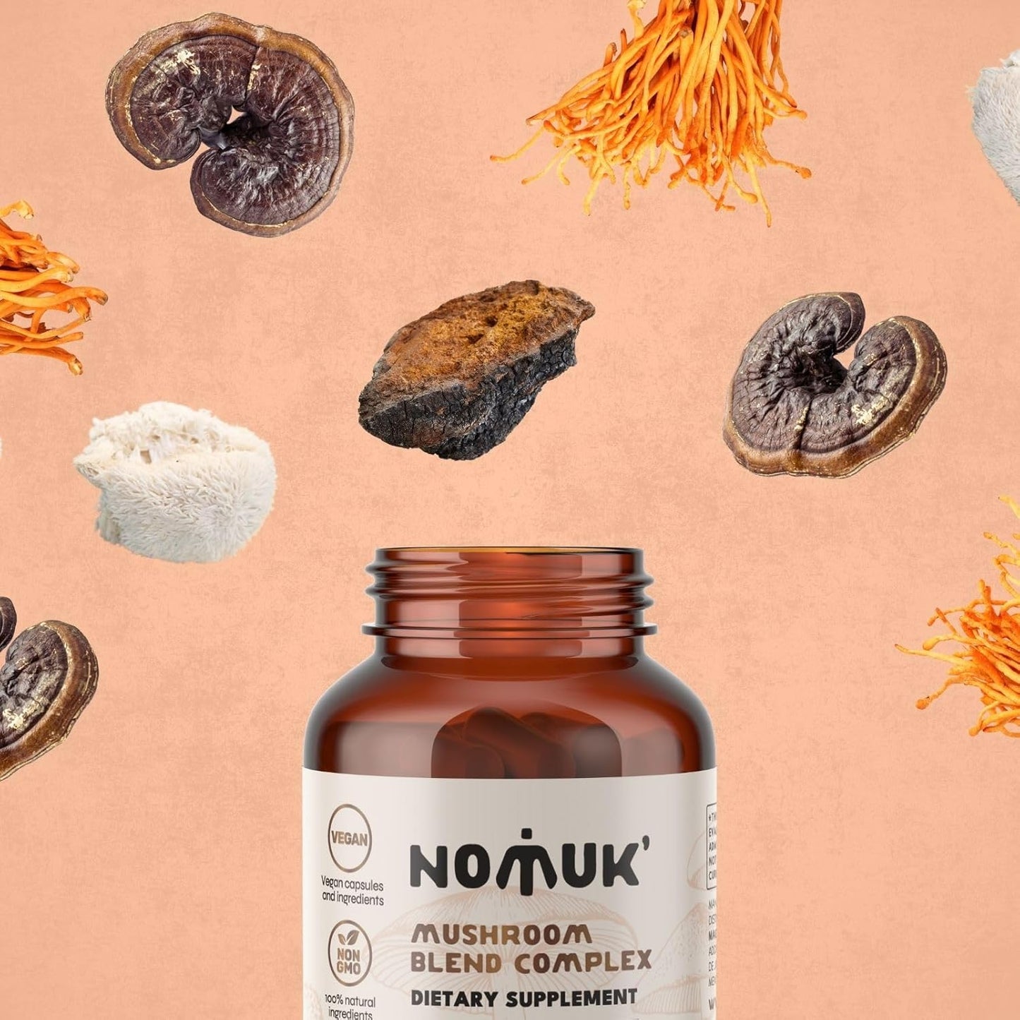 60 Capsules Nomuk Adaptogenic Mushroom Extract Blend with Lions Mane, Reishi, Cordyceps, and Chaga Supplement - BoostGo Australia
