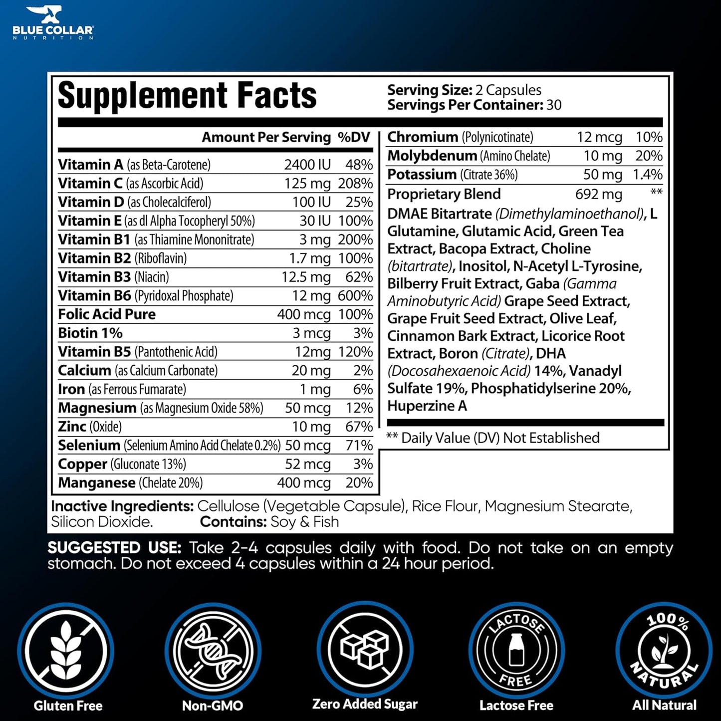 60 Capsules of Blue Collar Nutrition Mind Fuel Supplements to Boost Memory and Cognitive Function - Improve Mental Clarity and Brain Health for Increased Productivity