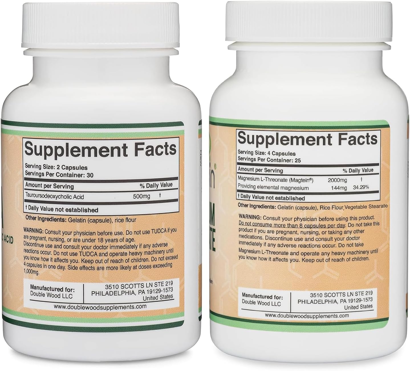 60 Capsules of Double Wood Supplements TUDCA Bile Salts & 100 Capsules of Magnesium L Threonate (Magtein)