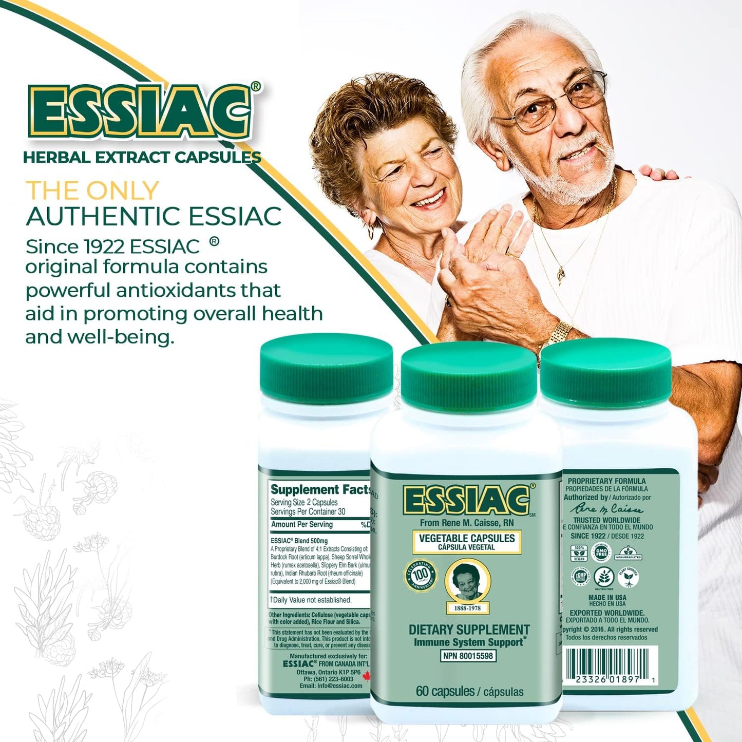 60 Capsules of ESSIAC Tea Herbal Extract Capsules for Overall Health & Well-Being - Antioxidant Blend (1922 Formula)
