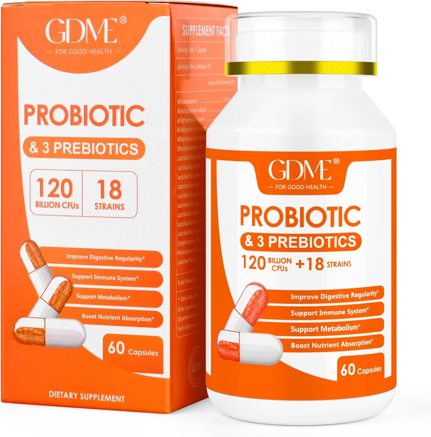 60 Capsules of GDME Probiotic Dietary Supplement: 120 Billion CFU, 18 Strains, 3 Prebiotics, Supports Digestive & Immune Health
