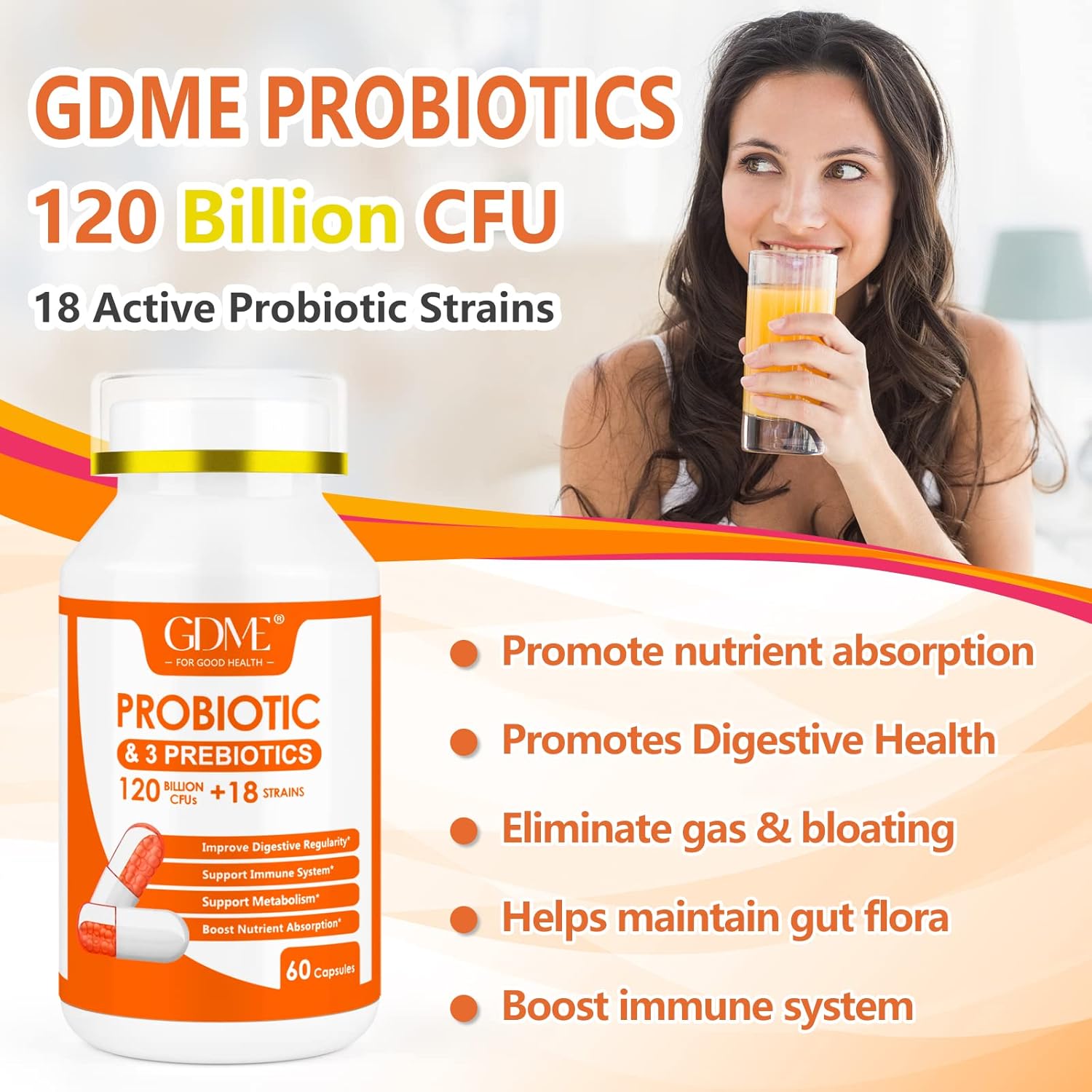 60 Capsules of GDME Probiotic Dietary Supplement: 120 Billion CFU, 18 Strains, 3 Prebiotics, Supports Digestive & Immune Health