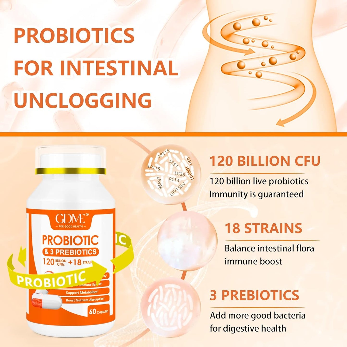 60 Capsules of GDME Probiotic Dietary Supplement: 120 Billion CFU, 18 Strains, 3 Prebiotics, Supports Digestive & Immune Health