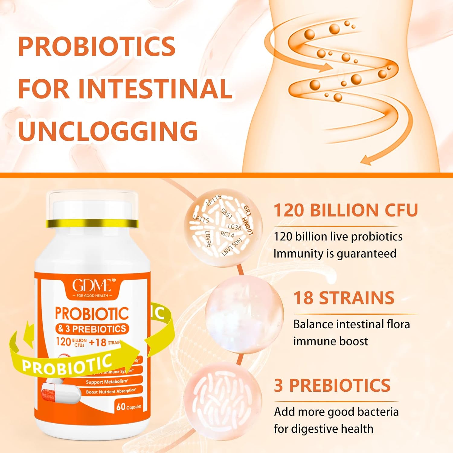60 Capsules of GDME Probiotic Dietary Supplement: 120 Billion CFU, 18 Strains, 3 Prebiotics, Supports Digestive & Immune Health