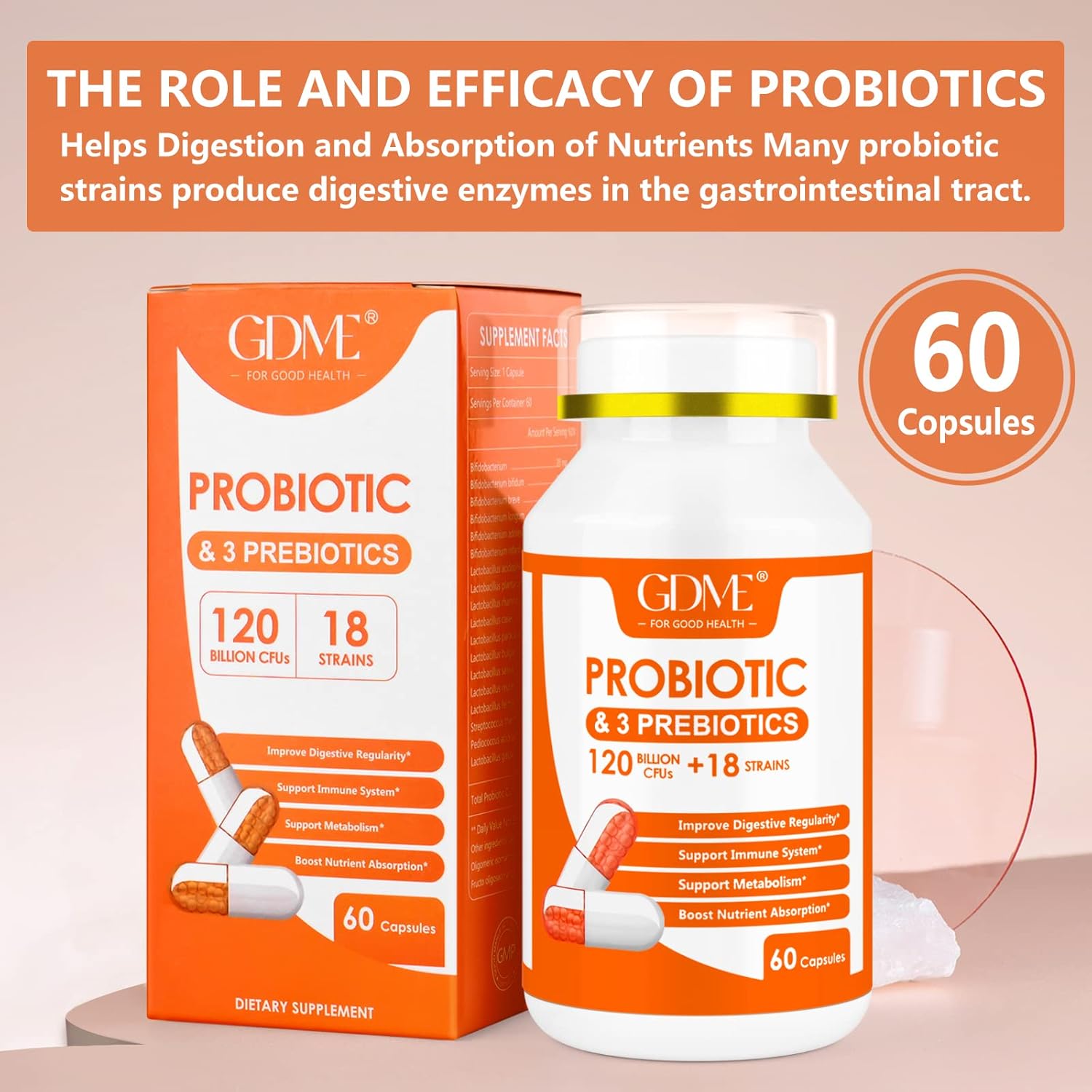 60 Capsules of GDME Probiotic Dietary Supplement: 120 Billion CFU, 18 Strains, 3 Prebiotics, Supports Digestive & Immune Health