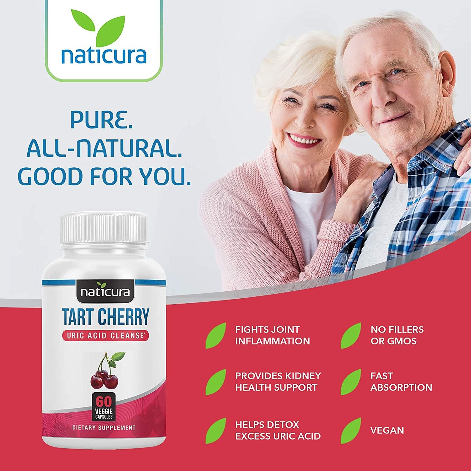 60 Capsules of Naticura Tart Cherry Uric Acid Cleanse with Turmeric, Cranberry, Pomegranate, Celery Seed Extract, and Bromelain for Joint and Muscle Support