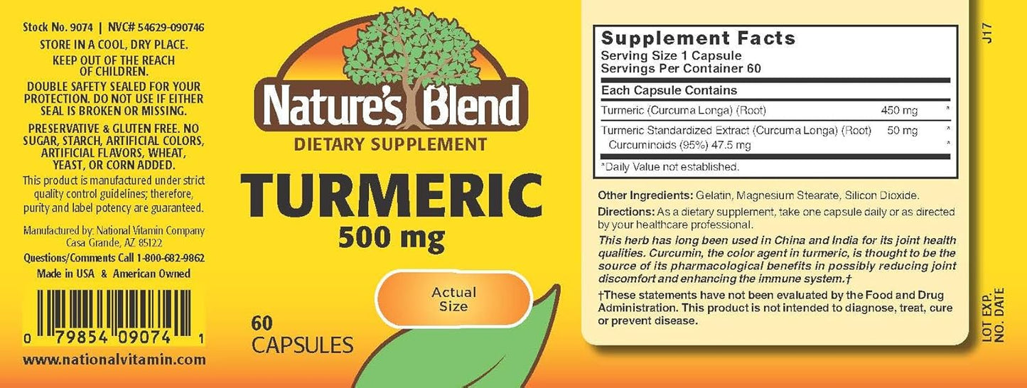 60 Capsules of Nature's Blend Turmeric 500 mg - Natural Anti-Inflammatory and Antioxidant Supplement