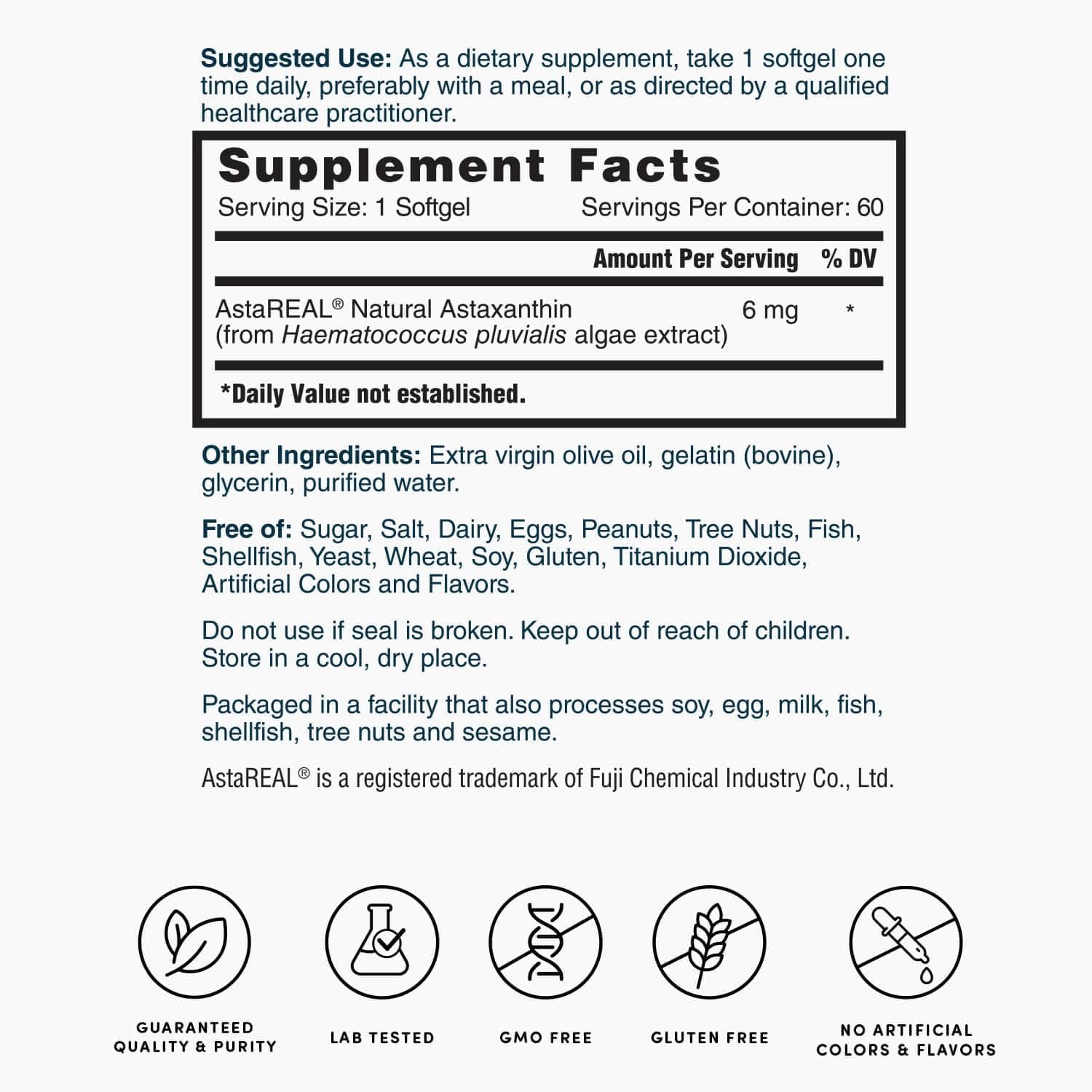 60 Capsules of Nature's Lab AstaREAL Astaxanthin - 6mg Antioxidant Supplement for 2 Months