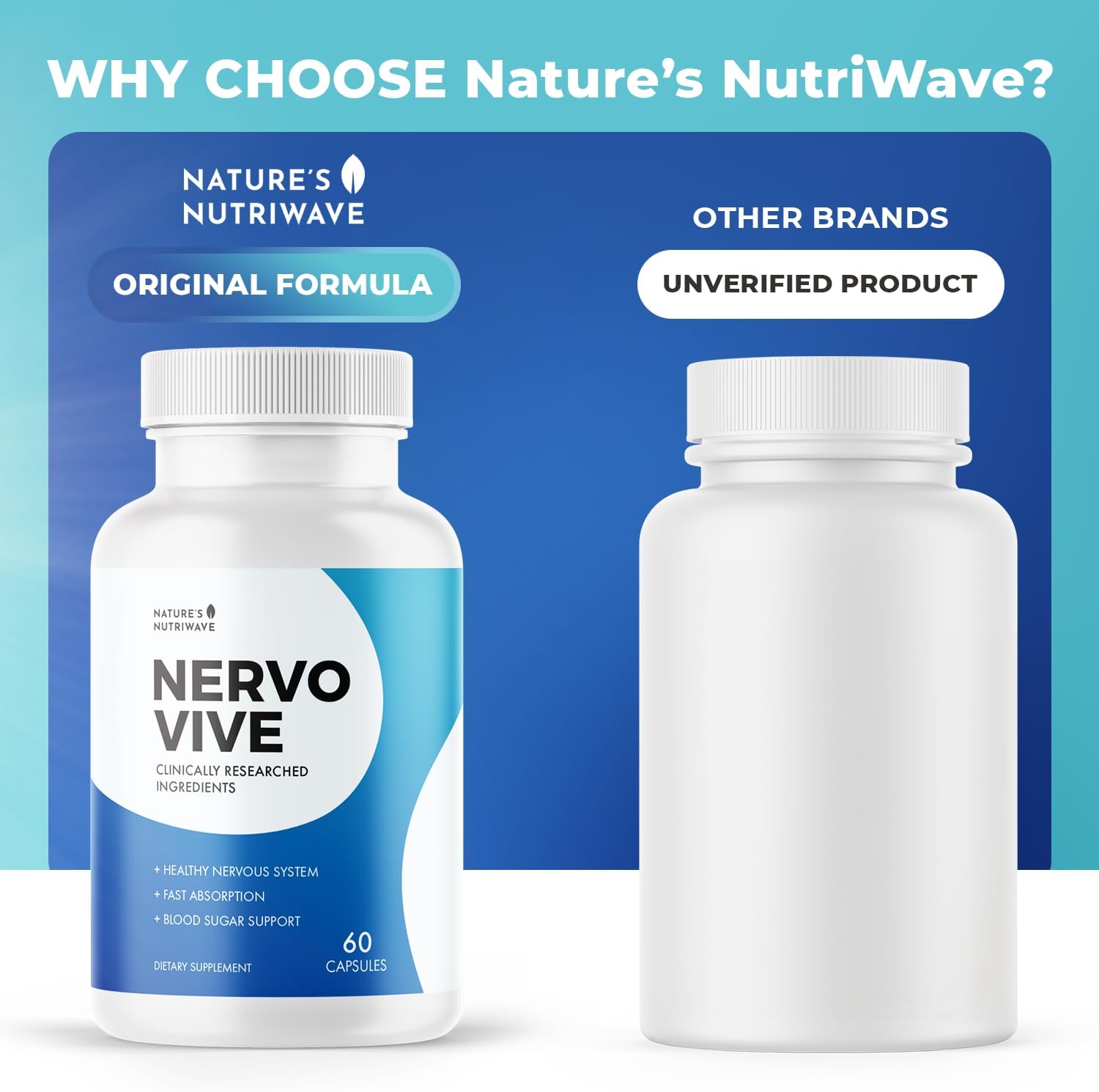 60 Capsules of Nature's NutriWave Nervovive Nerve Support Supplement - Advanced Formula for Nerve Health - All Natural Potent Supplement for Overall Wellness - 6 Month Supply