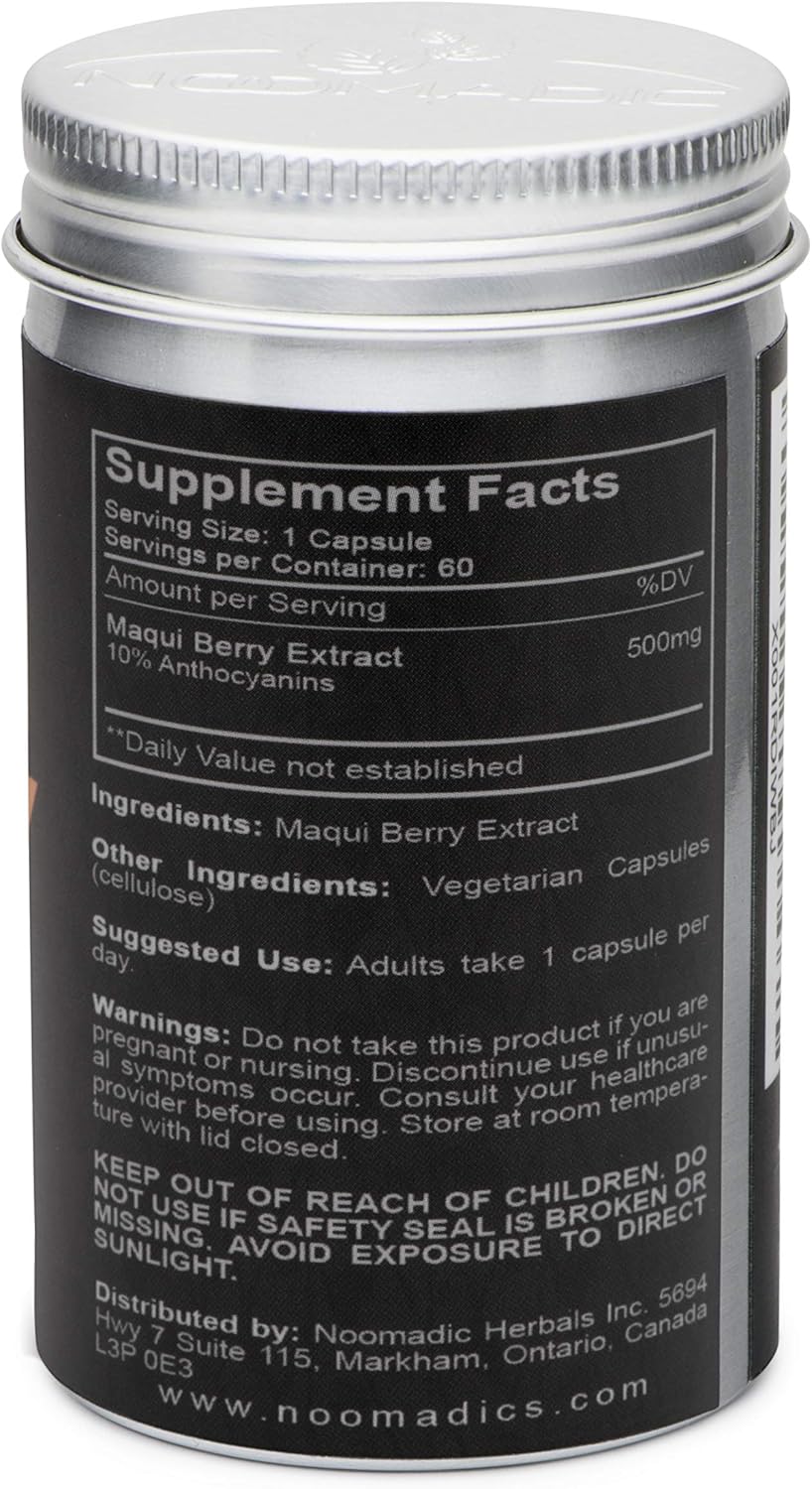 60 Capsules of Noomadic Maqui Berry with 500mg Each - High Antioxidant (ORAC) Support for Immune System, Tear Production, and Dry Eyes - Standardized Extract with 10% Anthocyanins