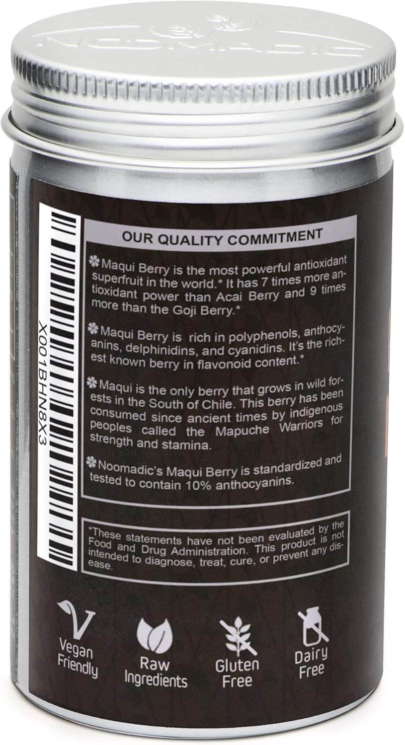 60 Capsules of Noomadic Maqui Berry with 500mg Each - High Antioxidant (ORAC) Support for Immune System, Tear Production, and Dry Eyes - Standardized Extract with 10% Anthocyanins