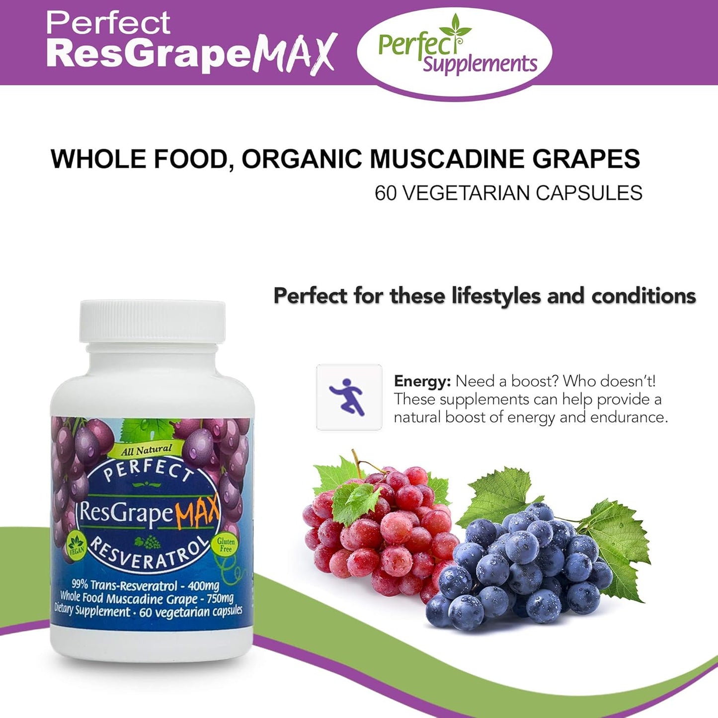 60 Capsules of Perfect ResGrape Resveratrol MAX with Trans-Resveratrol & Organic Muscadine Grapes for Anti-Aging Benefits