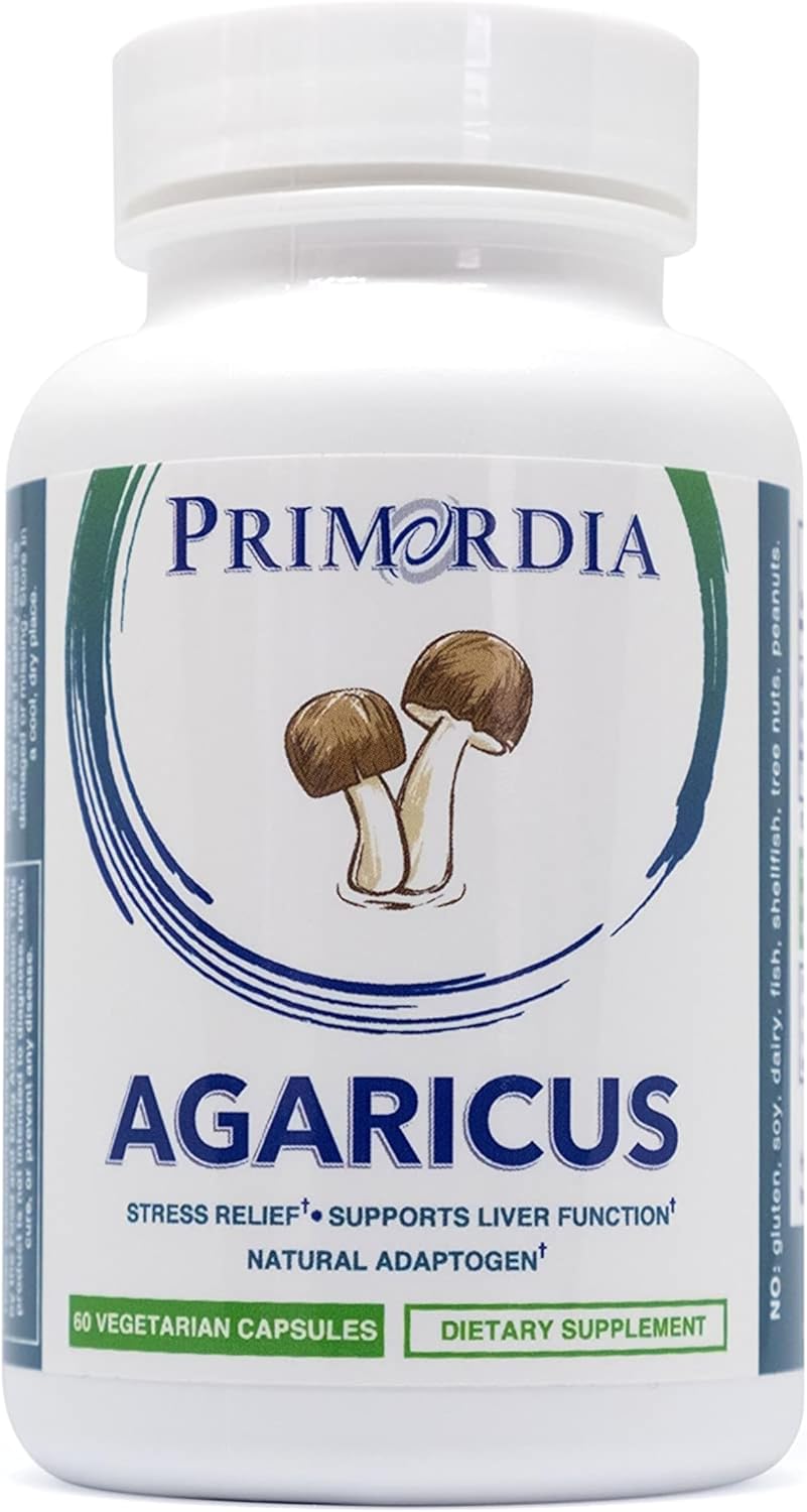 60 Capsules of Primordia Pure Agaricus Mushroom Supplement with Liquid State Fermentation for Stress Relief, Liver, and Immune Support