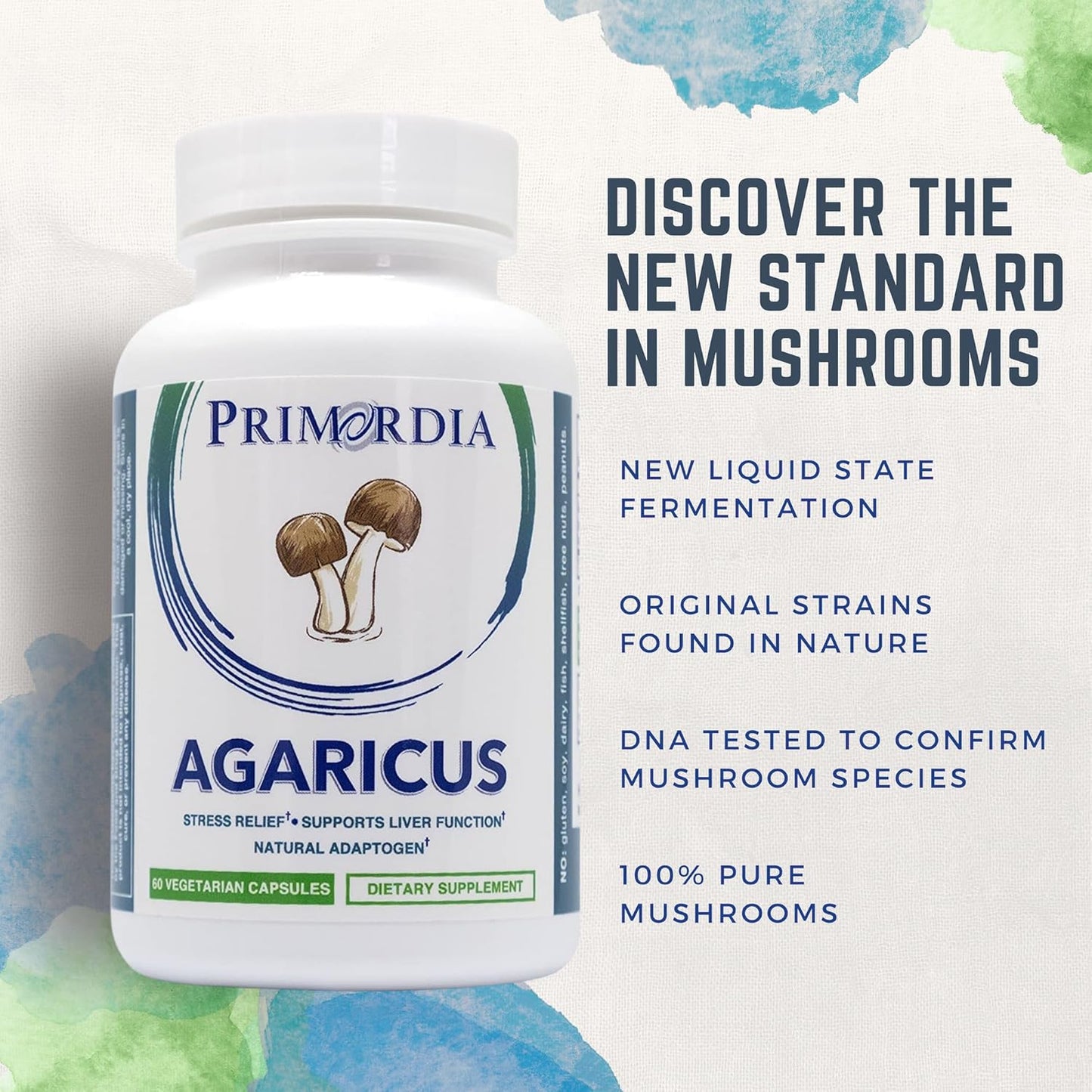 60 Capsules of Primordia Pure Agaricus Mushroom Supplement with Liquid State Fermentation for Stress Relief, Liver, and Immune Support