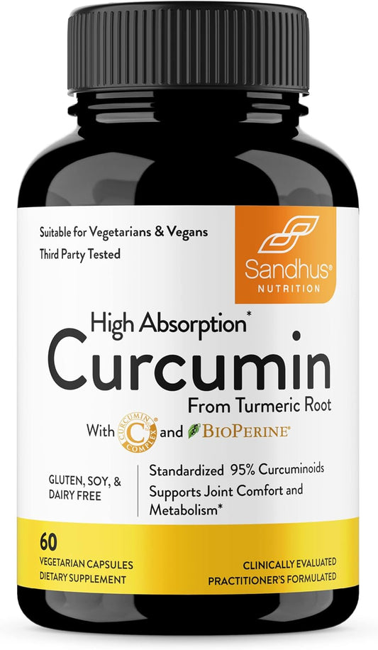 60 Capsules of Sandhu's Non-GMO Curcumin C3 Complex with BioPerine for High Absorption Joint Support