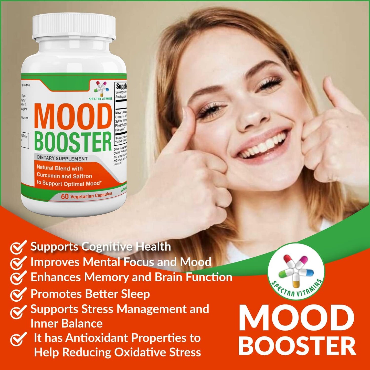 60 Capsules of Spectra Vitamins Mood Booster - Supports Optimal Mood, Stress Relief, Focus for Men and Women - Mood Enhancer Caps