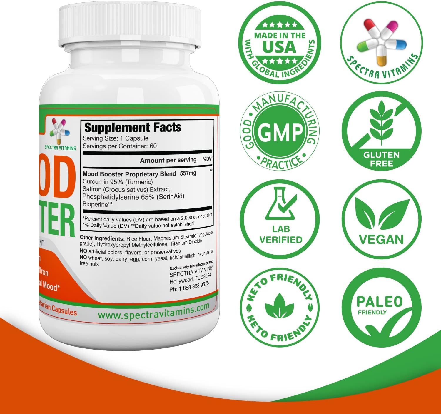 60 Capsules of Spectra Vitamins Mood Booster - Supports Optimal Mood, Stress Relief, Focus for Men and Women - Mood Enhancer Caps