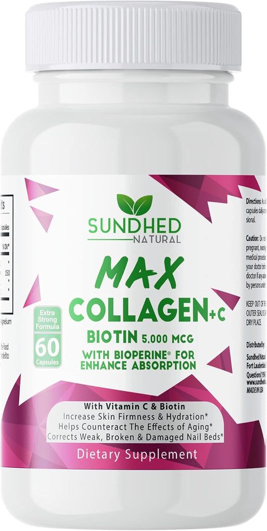 60 Capsules of Sundhed Natural Max Collagen Plus with Biotin & Bioperine for Anti-Aging Hydration & Skin Firmness - Boost Collagen Production for Stronger Bones & Nails