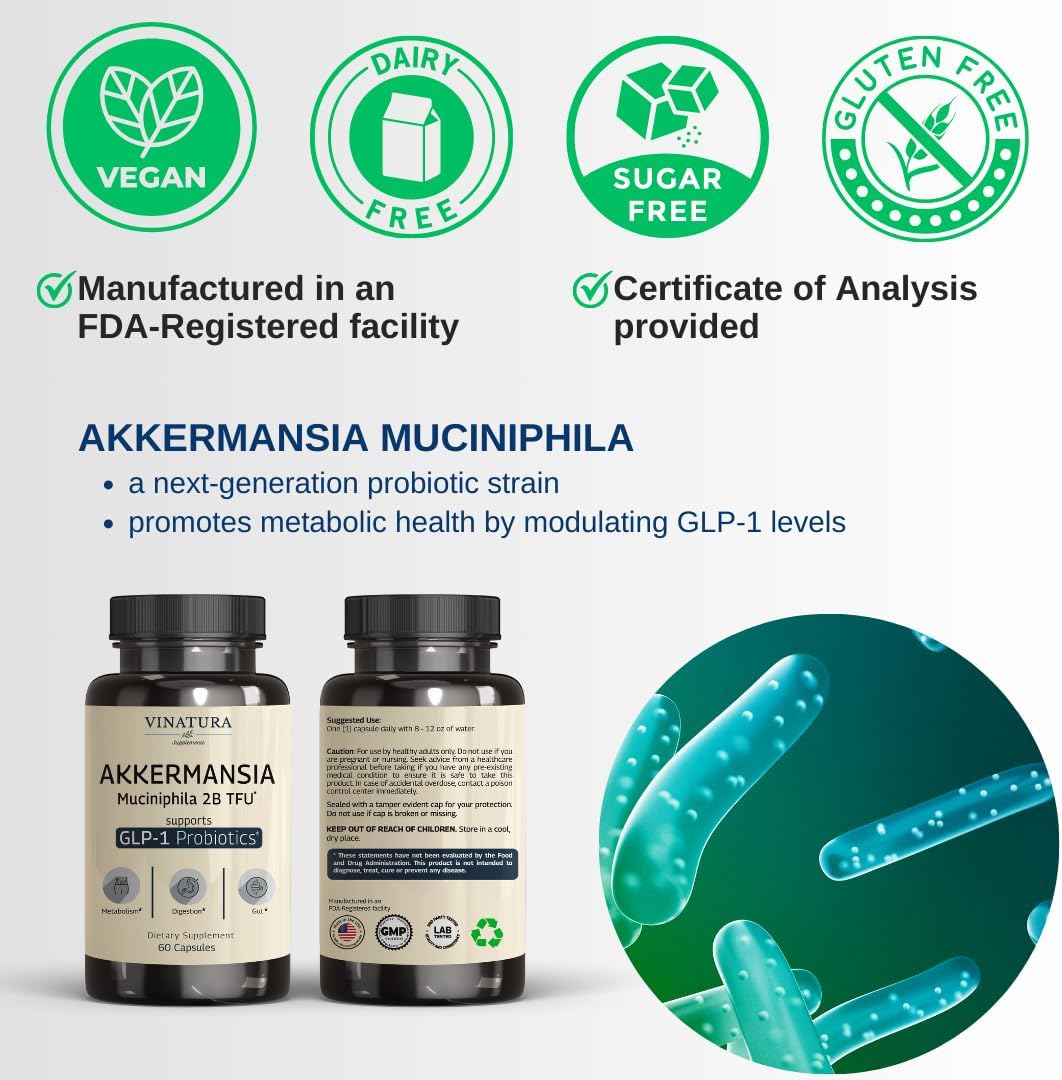 60 Capsules of VINATURA Akkermansia Probiotic with Akkermansia Munciniphila and GLP-1 Support - BoostGo Australia