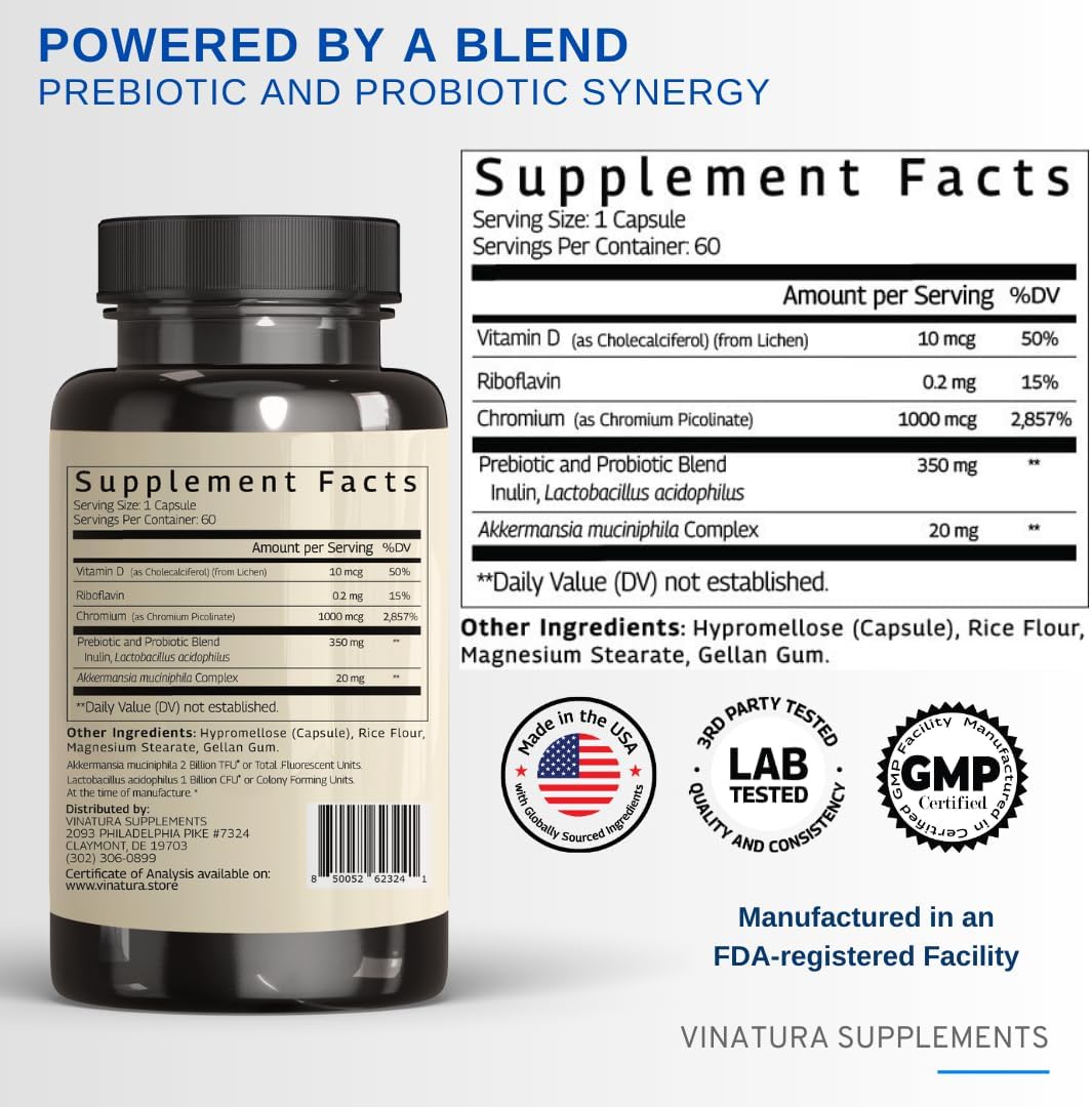 60 Capsules of VINATURA Akkermansia Probiotic with Akkermansia Munciniphila and GLP-1 Support - BoostGo Australia