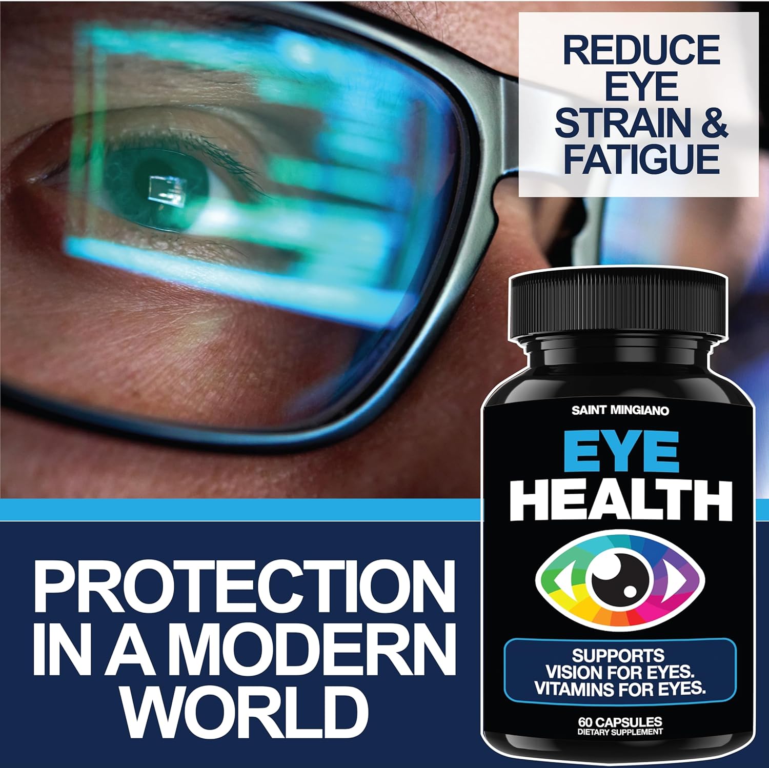 60 Capsules Saint Mingiano Eye Health & Vision Vitamin Supplement - Supports Eye Strain, Dry Eyes, & Vision Health - Promotes Ocular & Macular Health, Aids Blue Light Strain - 14 Active Ingredients