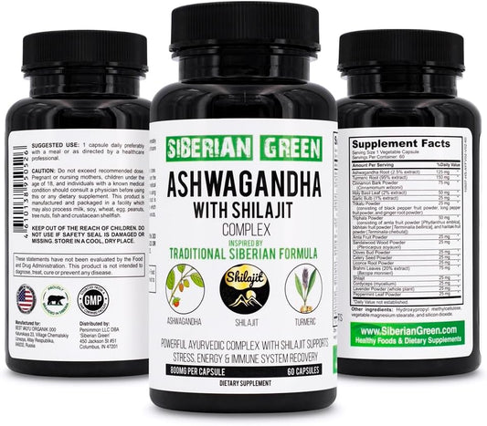 60 Capsules Siberian Green Ashwagandha, Altai Shilajit, and Turmeric Complex for Stress Relief, Energy, and Immune Support