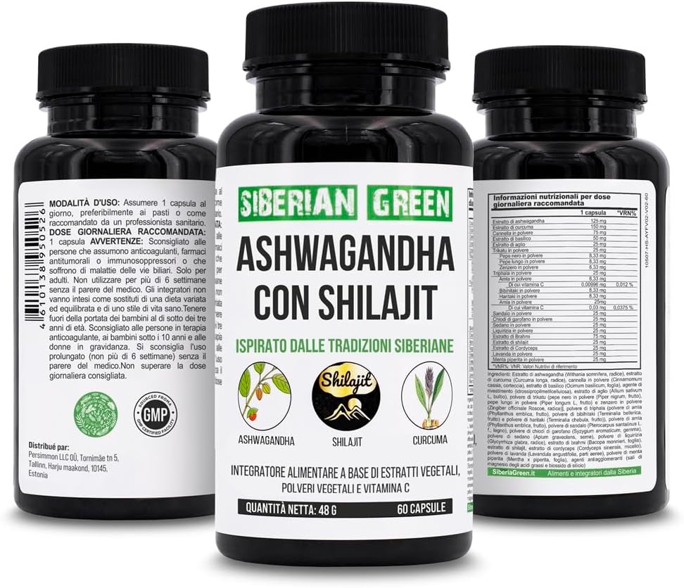60 Capsules Siberian Green Ashwagandha, Altai Shilajit, and Turmeric Complex for Stress Relief, Energy, and Immune Support