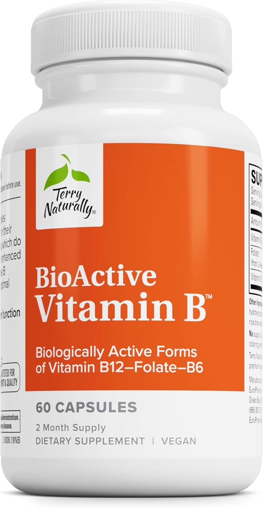 60 Capsules Terry Naturally BioActive Vitamin B - Biologically Active B12, Folate, & B6 - Non-GMO, Vegan, Gluten Free - 60 Servings