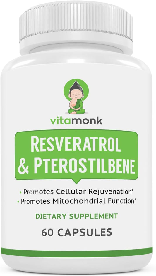 60 Capsules VitaMonk Resveratrol and Pterostilbene Supplement - 600mg/60mg Formula for Healthy Aging and Longevity - No Fillers - Trans Pterostilbene Resveratrol Support