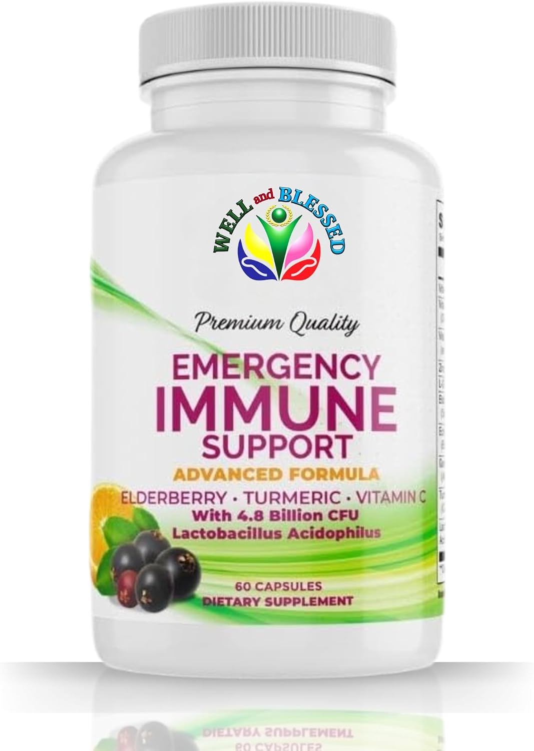 60 Capsules Well and Blessed Advanced Emergency Immune Support with Elderberry, Turmeric, Vitamin C - Vegan Formula without Artificial Additives