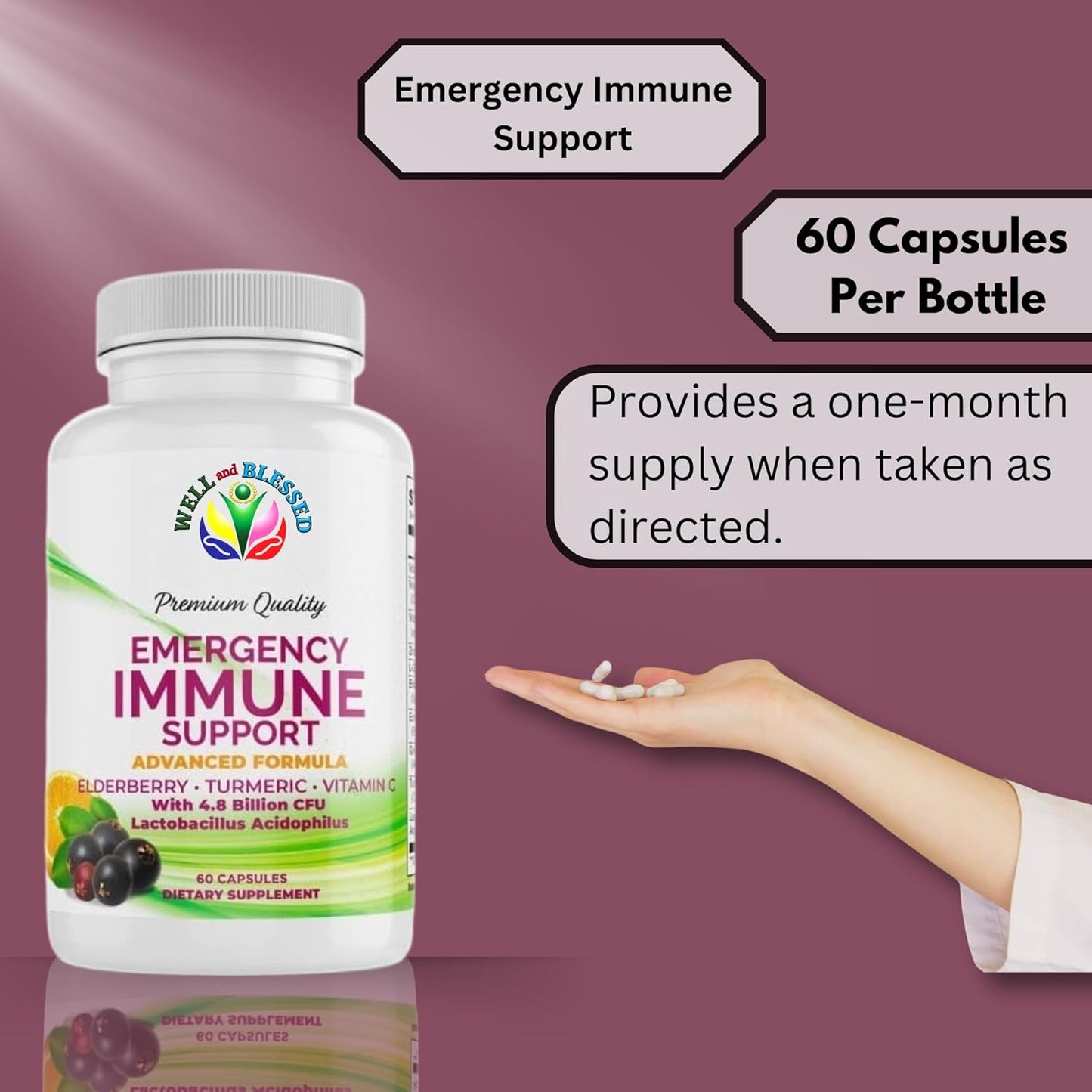 60 Capsules Well and Blessed Advanced Emergency Immune Support with Elderberry, Turmeric, Vitamin C - Vegan Formula without Artificial Additives