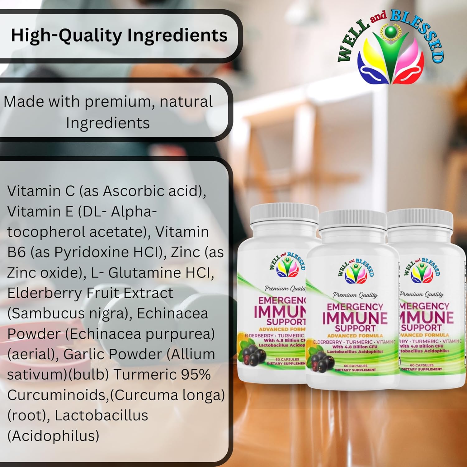 60 Capsules Well and Blessed Advanced Emergency Immune Support with Elderberry, Turmeric, Vitamin C - Vegan Formula without Artificial Additives