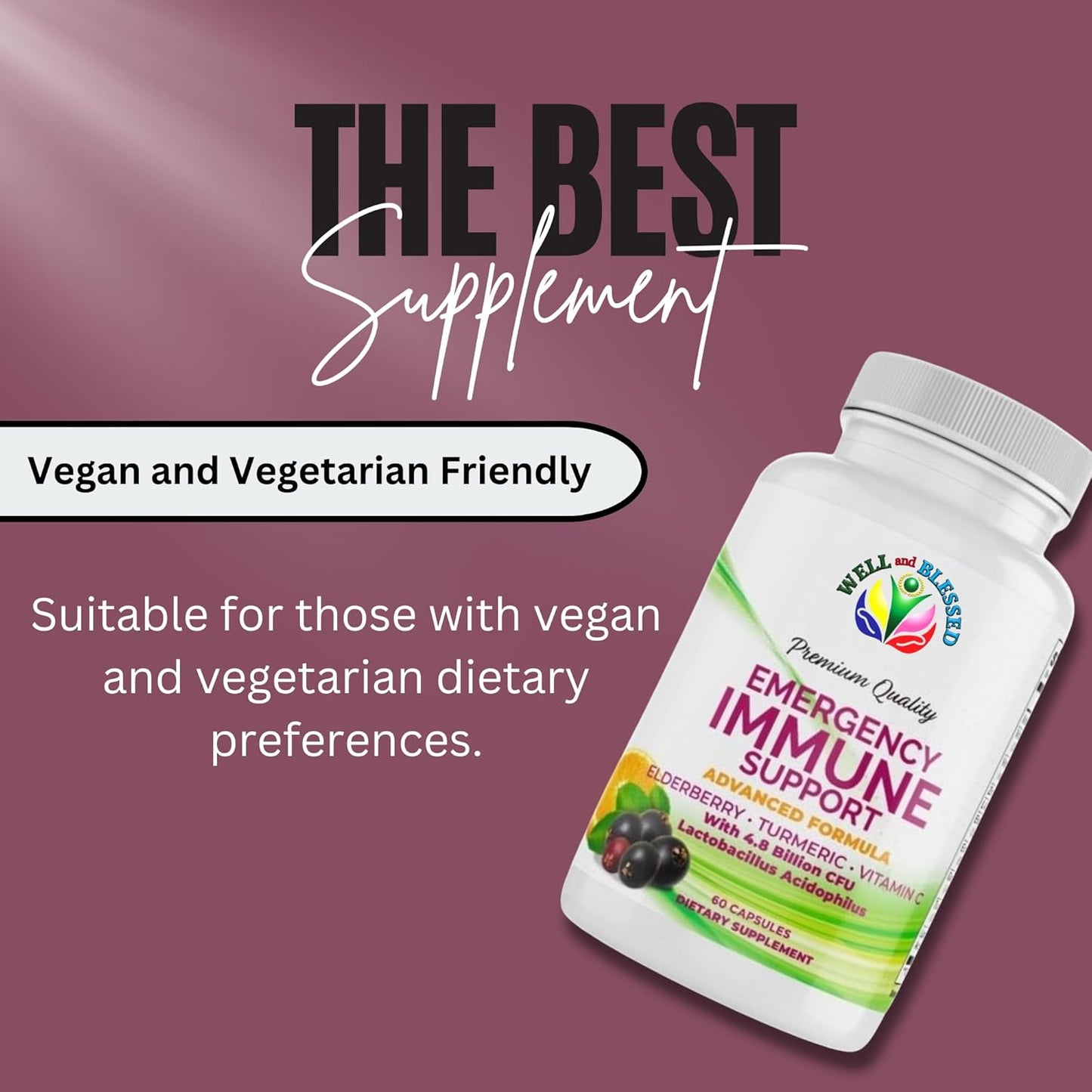 60 Capsules Well and Blessed Advanced Emergency Immune Support with Elderberry, Turmeric, Vitamin C - Vegan Formula without Artificial Additives