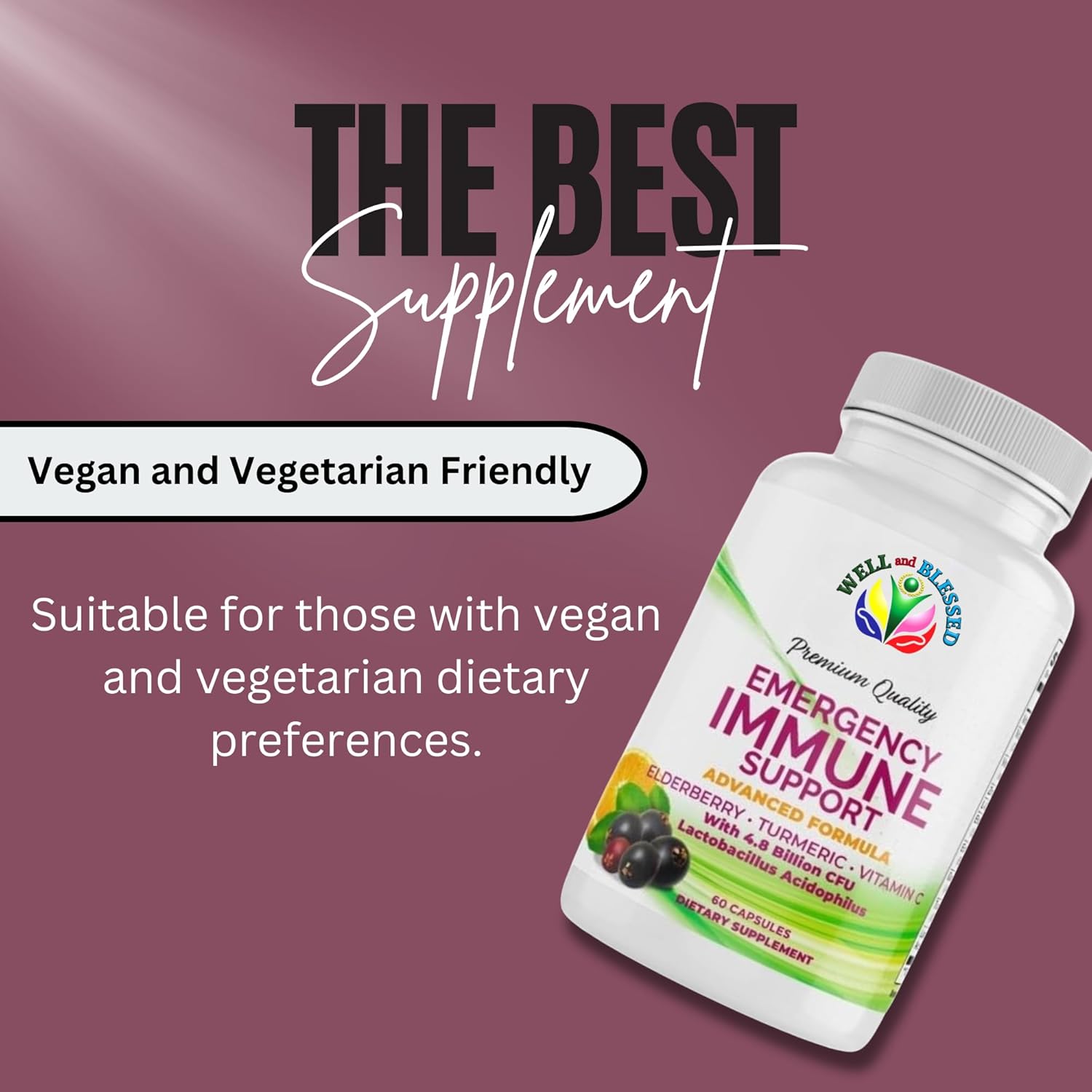 60 Capsules Well and Blessed Advanced Emergency Immune Support with Elderberry, Turmeric, Vitamin C - Vegan Formula without Artificial Additives